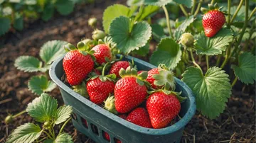 Strawberries in a basket in a garden.