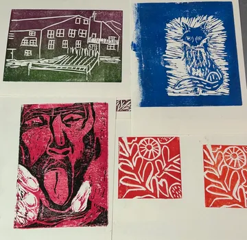 Four colorful abstract art prints displayed together.