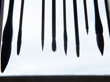 Brushes hang vertically against a light background.