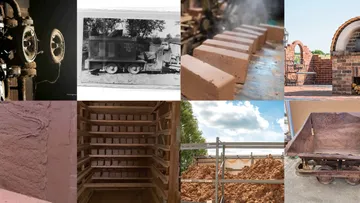 Eight images showing brick-making process and tools.