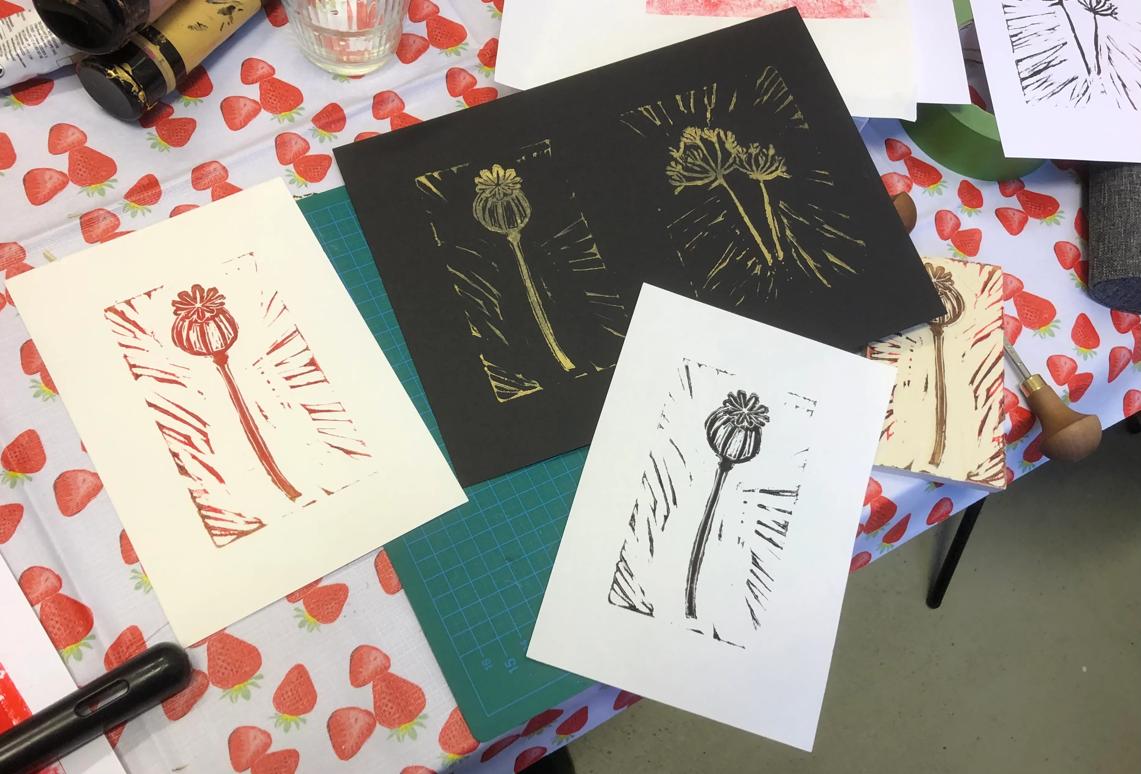 Printed flower design on colorful table.