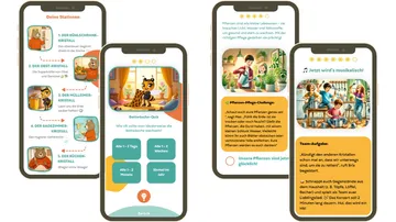 Four smartphone screens showing app with animal characters.