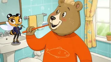 Bär putzt Zähne im Cartoon-Badezimmer.