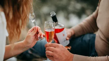 People toasting with wine outdoors.