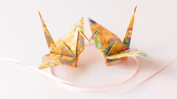 Zwei Origami-Kraniche auf weißer Oberfläche.