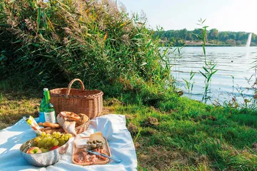 Picnic setup with food by a lake.