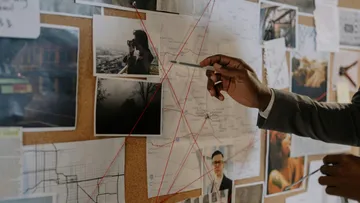 Hand pointing at investigation board with photos.