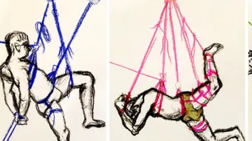 Drawings of figures in harnesses with ropes.