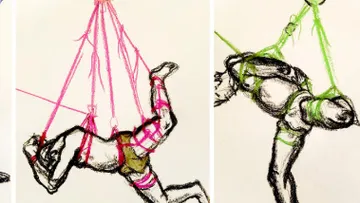 Two figures suspended with colored ropes, abstract background.