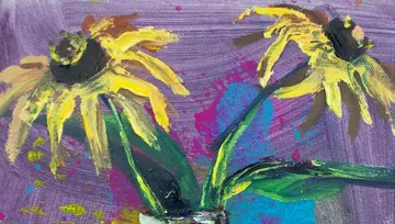 Gelbe Blumen auf bunt bemaltem Hintergrund.