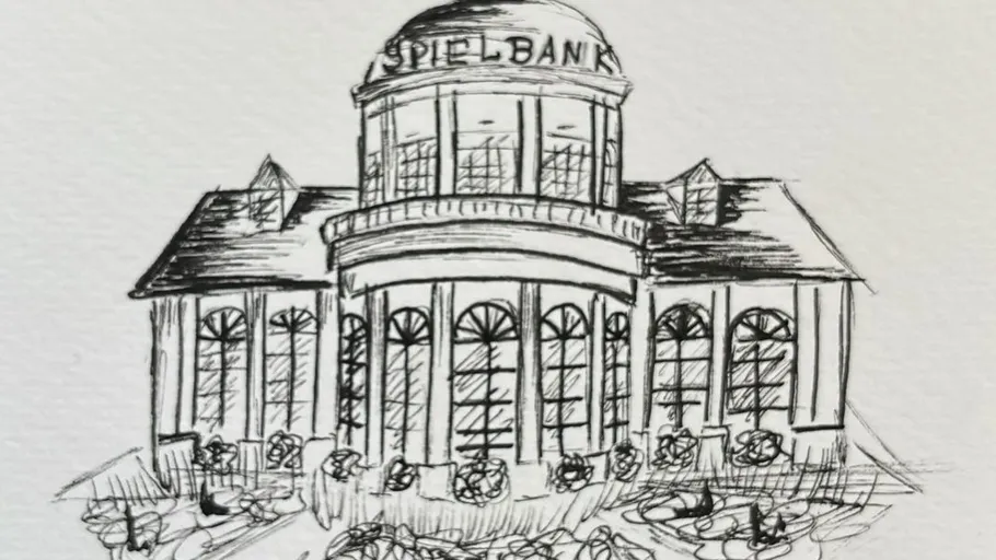 Zeichnung eines Gebäudes mit 'SPIELBANK'.