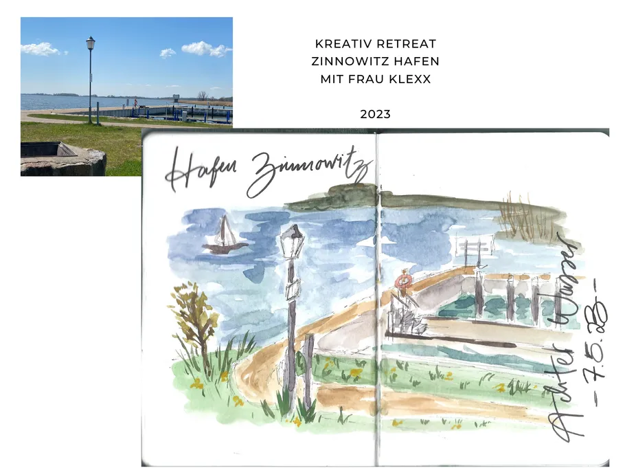 Sketch of harbor with lamppost and sea view.