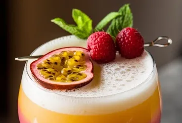 Cocktail mit Maracuja und Himbeeren als Garnitur.