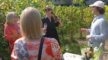 Leute genießen Weinprobe im Weinberg.