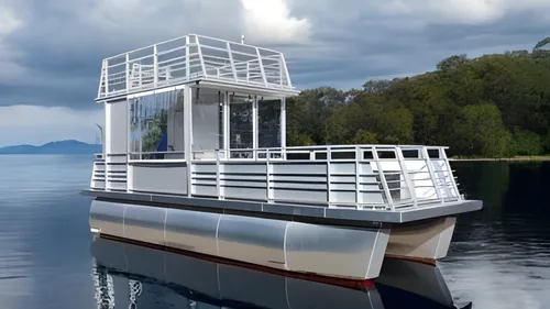 Modern houseboat floating on calm water.