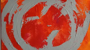 Abstract painting with circular red and gray patterns.