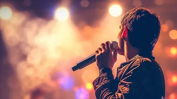 Sänger mit Mikrofon auf Bühne singend.