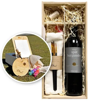 Wine and painting kit in wooden box.