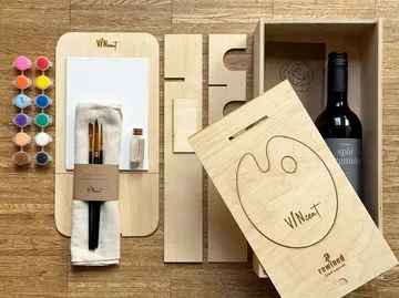 Wooden art set with wine bottle included.