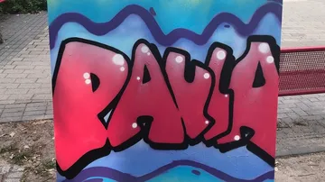 Graffiti-Text auf Wand neben Pflasterweg.
