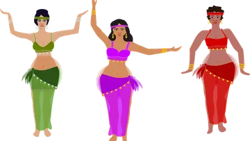 Three women dancing in colorful outfits.