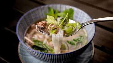 Spoon lifting noodles from soup bowl.
