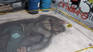 3D crime scene art with graffiti background.