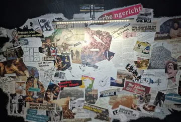 Collage of newspaper clippings on a wall.