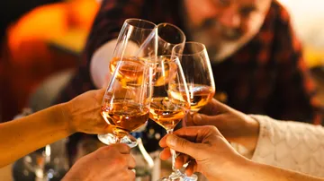 People clinking wine glasses in celebration.