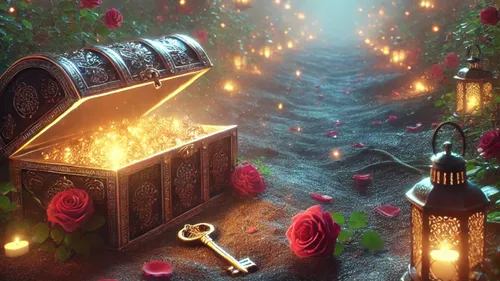 Glowing treasure chest in an enchanted rose garden.