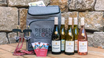 Wine bottles, cooler bag, glasses on wooden table.