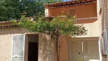 Haus mit Baum im sonnigen Innenhof.