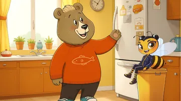 Bär begrüßt Biene in heller Küche.