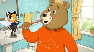 Bär putzt Zähne mit Biene im Badezimmer.