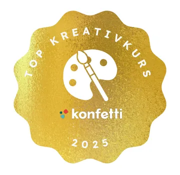 Golden badge with paintbrush and palette design.