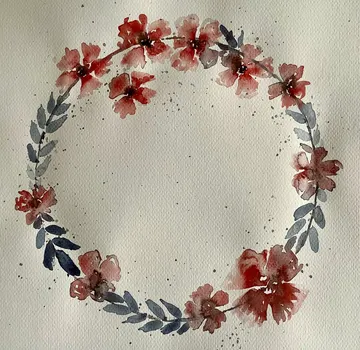 Watercolor floral wreath with red flowers.