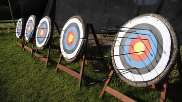 Archery targets with arrows in outdoor setting.