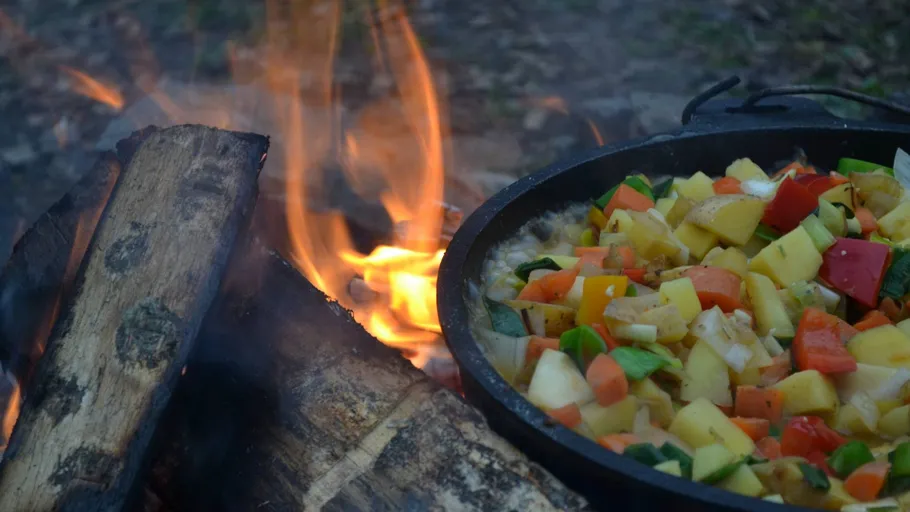 Vegetable stew cooking over an open fire.