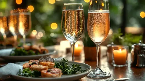 Zwei Gläser Champagner auf Esstisch.