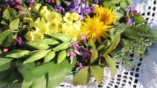 Bunte Frühlingsblumen auf Spitzentischdecke.
