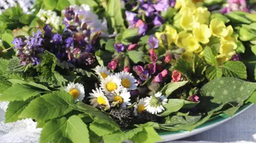Colorful edible flowers on a plate outdoors.