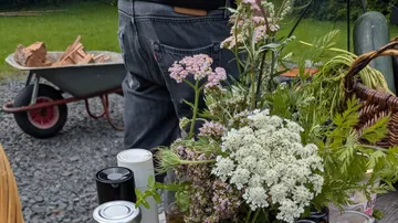 Person nahe Blumen und Schubkarre im Freien.