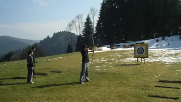 Archers aiming at target on grassy field.