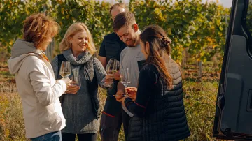 Gruppe probiert Wein in einem Weinberg.