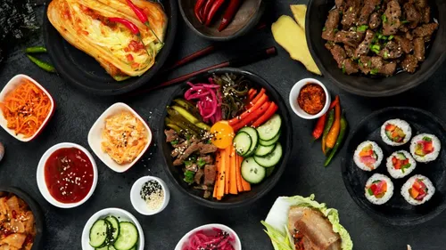 Various Korean dishes arranged on a table.