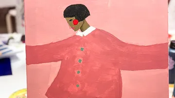 Gemälde einer Person im pinken Outfit mit ausgebreiteten Armen.