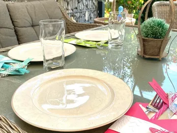 Table covered with plates, glasses and outdoor decoration