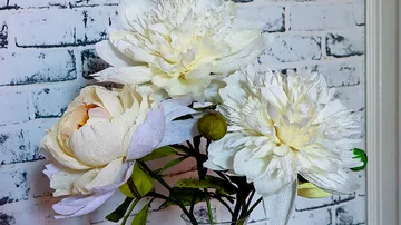 Weiße Blumen in Vase vor Ziegelwand.