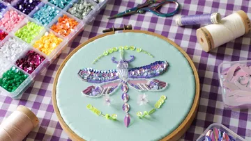 Dragonfly embroidery with sequins on fabric.