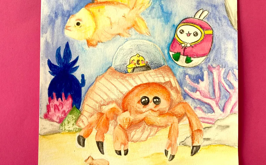 Cartoon crab and fish in colorful underwater scene.